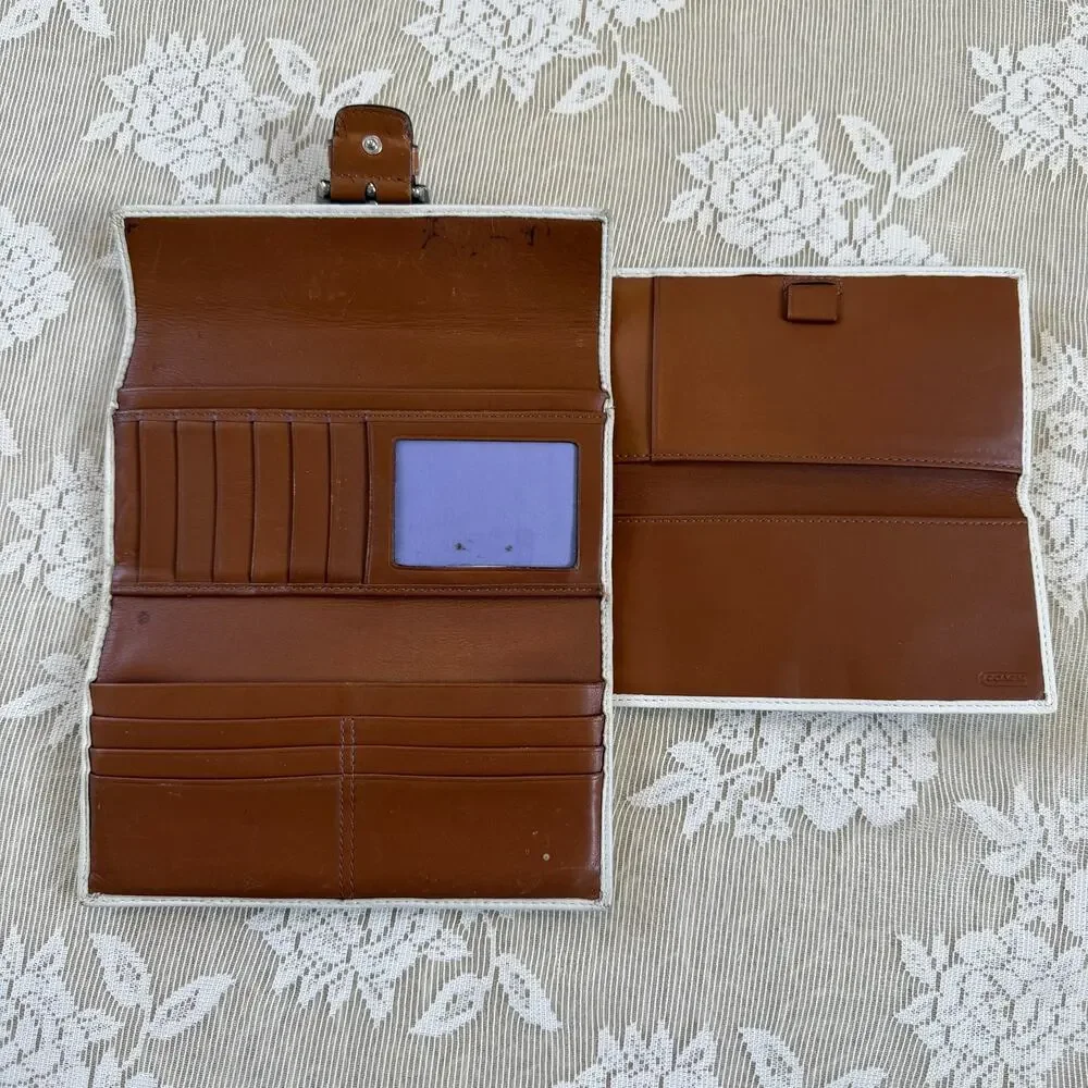 Vintage Coach White Leather Buckle Wallet + Checkbook Cover Set